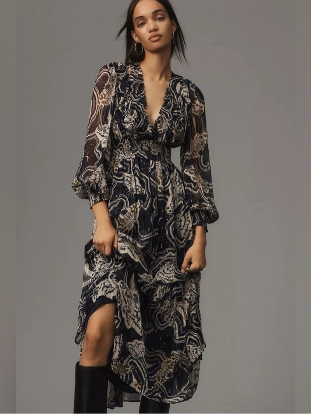 NWT Anthropologie Printer Johnson Long-Sleeve V-Neck Textured Midi Dress sz XLP - Picture 2 of 12